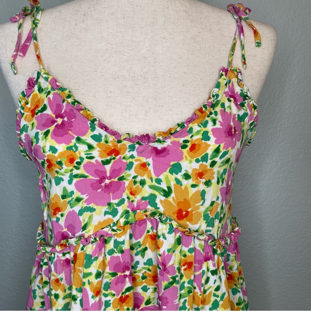 Patrons of Peace Tie Strap Floral Flower VNeck Ruffle Baby Doll Dress | Small - Picture 3 of 9